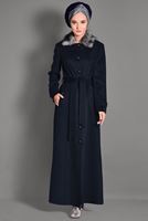 Hijab clothing NAVY BLUE BUTTONED FAUX-FUR COLLAR COAT 9749 