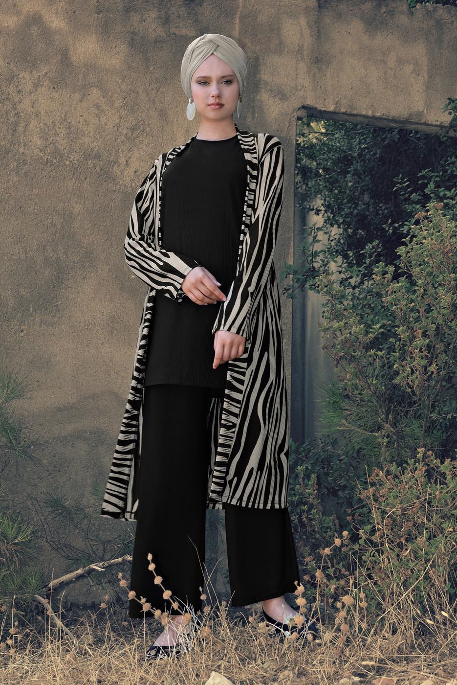 Tesettür giyim VİZON ZEBRA DESEN FİTİLLİ 3&prime;LÜ PANTOLONLU TAKIM 2346-1 