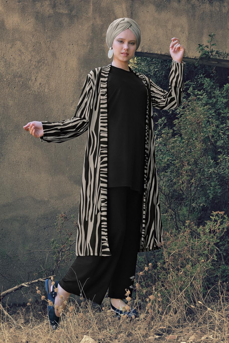 Tesettür giyim VİZON ZEBRA DESEN FİTİLLİ 3&prime;LÜ PANTOLONLU TAKIM 2346-1 