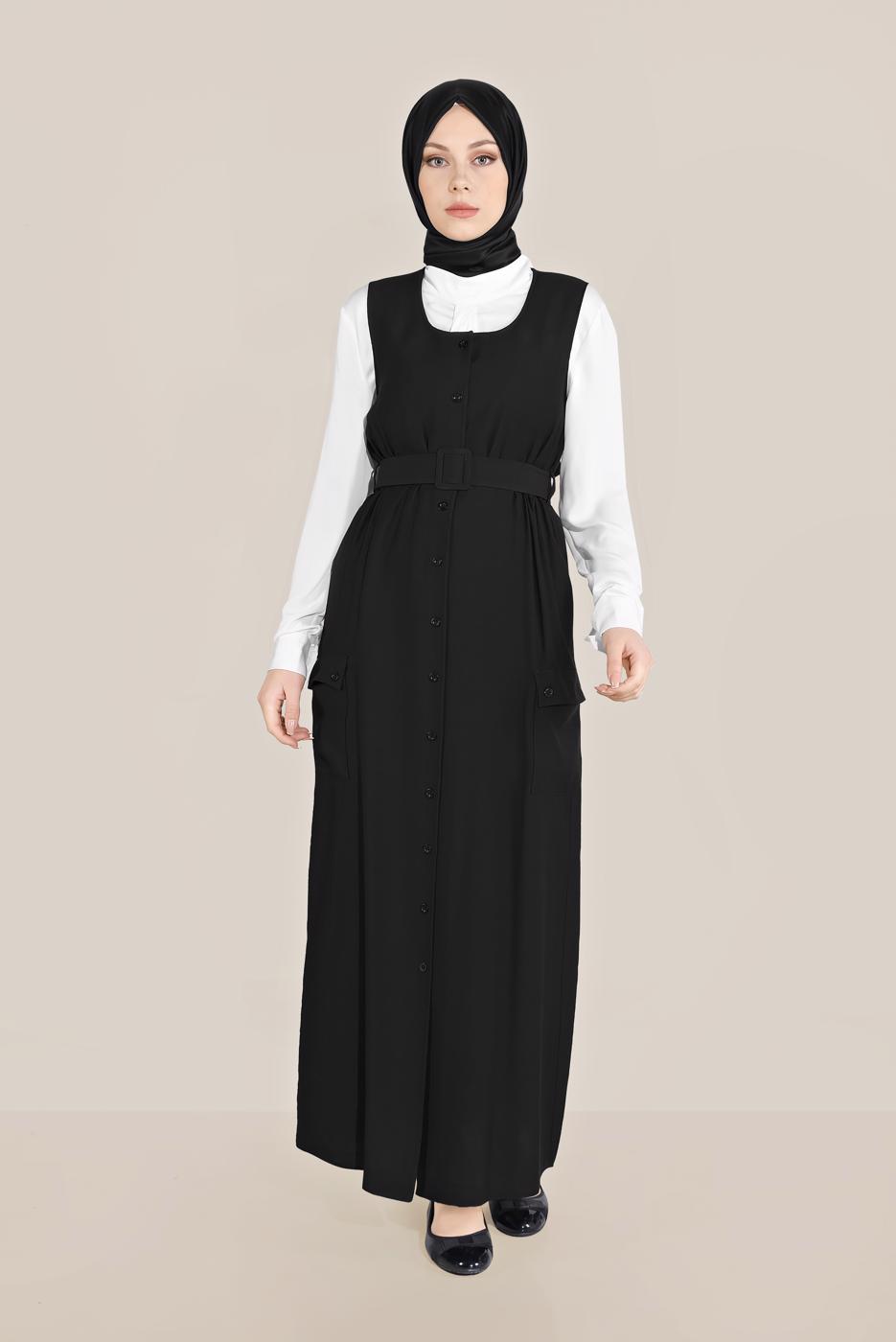 Hijab clothing BLACK BUTTON TRIMMED BELTED GILET T 40690