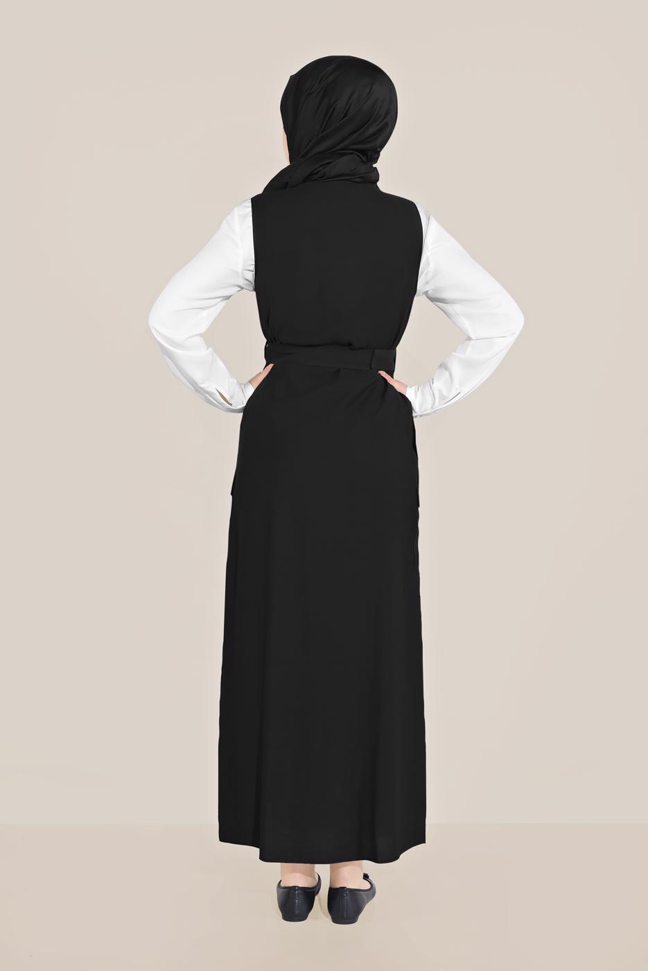 Hijab clothing BLACK BUTTON TRIMMED BELTED GILET T 40690