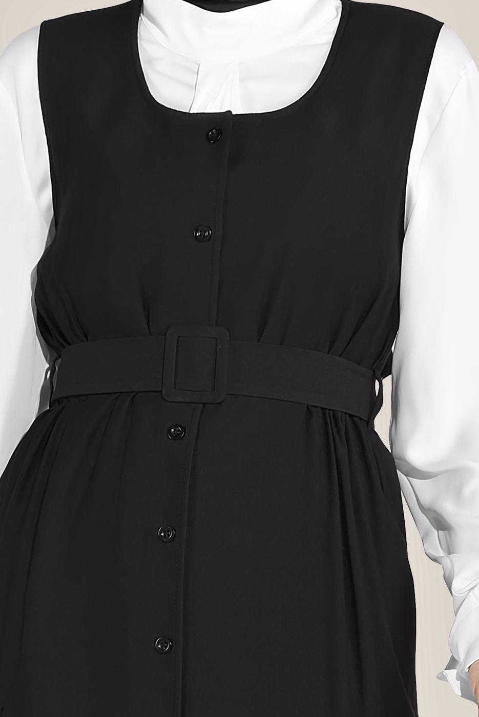 Hijab clothing BLACK BUTTON TRIMMED BELTED GILET T 40690