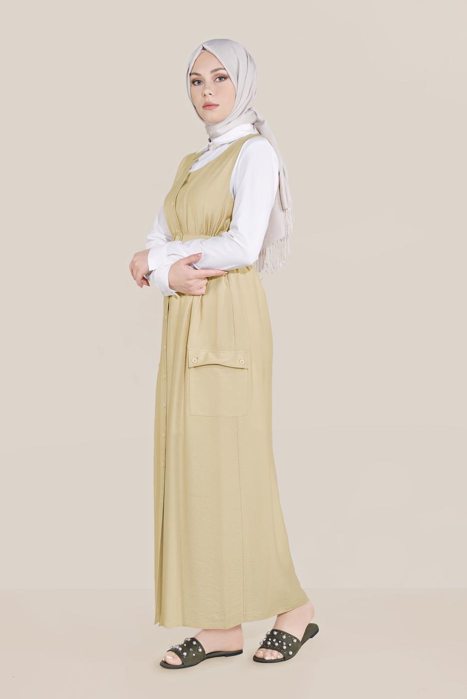 Hijab clothing BEIGE BUTTON TRIMMED BELTED GILET T 40690