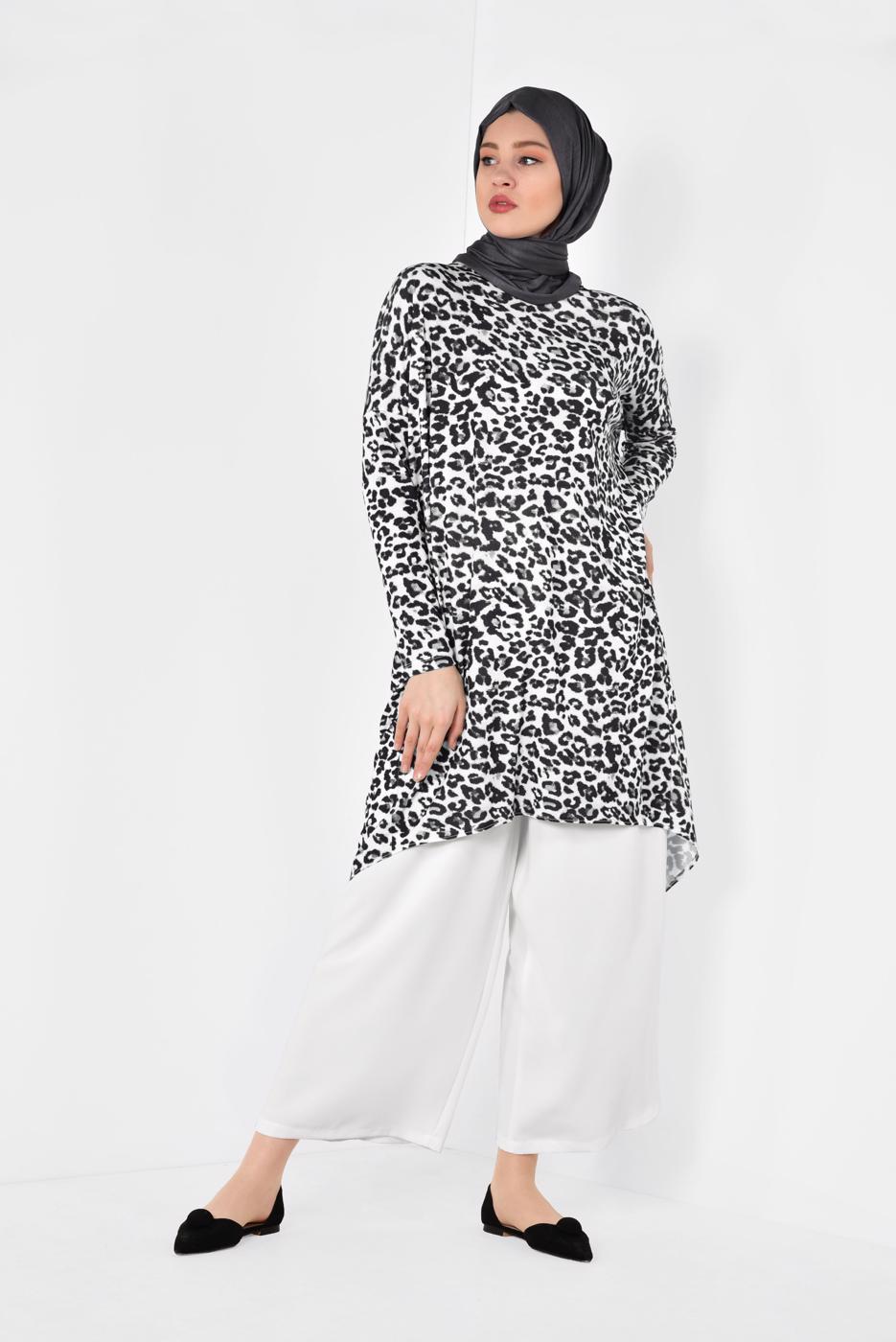 Hijab clothing BLACK ALVİNA ASYMMETRIC CUT LEOPARD PATTERN TUNIC 4918 