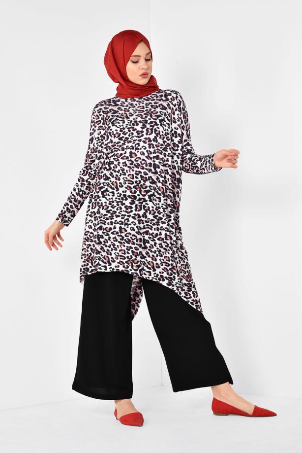 Tesettür giyim  ALVİNA ASİMETRİK KESİM LEOPAR DESEN TUNİK 4918  - TRENDTESETTÜR