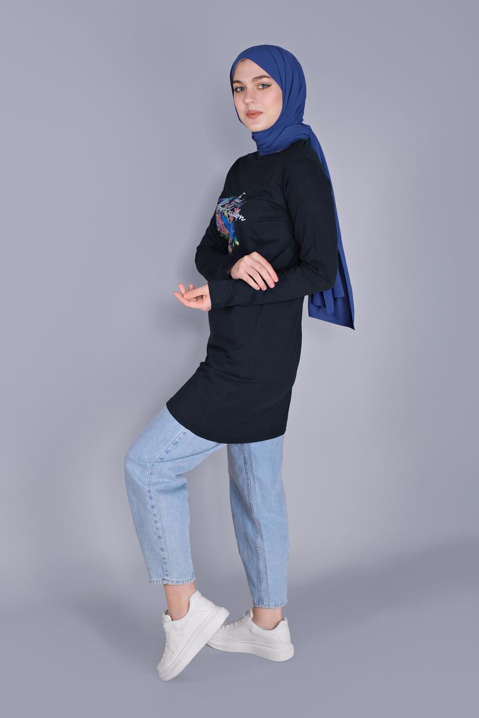 Vêtements hijab BLEU MARINE TUNIQUE EN COTON À MOTIFS MÉLANGÉS  9206  