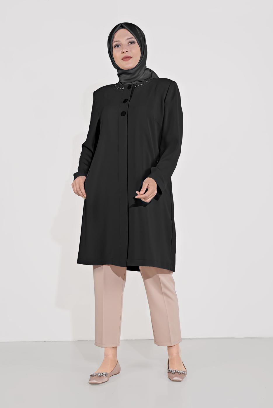 Hijab clothing BLACK ALVİNA EMBROIDERY DETAIL BUTTONED TRENCH COAT T 10234