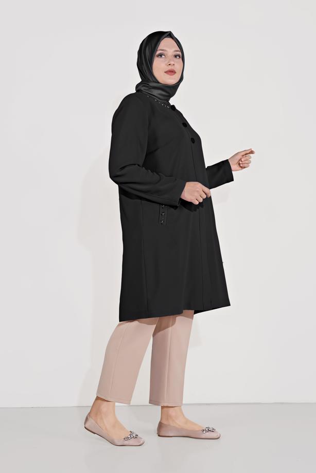 Vêtements hijab NOIR ALVİNA TRENCH-COAT BOUTONNÉ AVEC DÉTAIL DE BRODERIE T 10234 - TRENDTESETTÜR