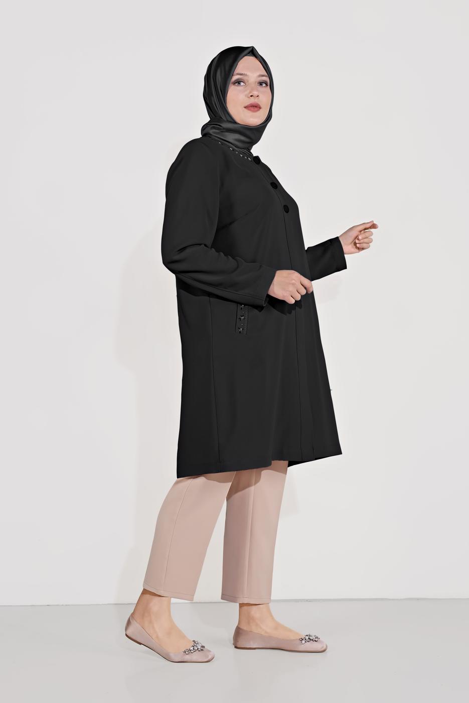 Hijab clothing BLACK ALVİNA EMBROIDERY DETAIL BUTTONED TRENCH COAT T 10234