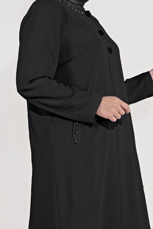 Vêtements hijab NOIR ALVİNA TRENCH-COAT BOUTONNÉ AVEC DÉTAIL DE BRODERIE T 10234 - TRENDTESETTÜR
