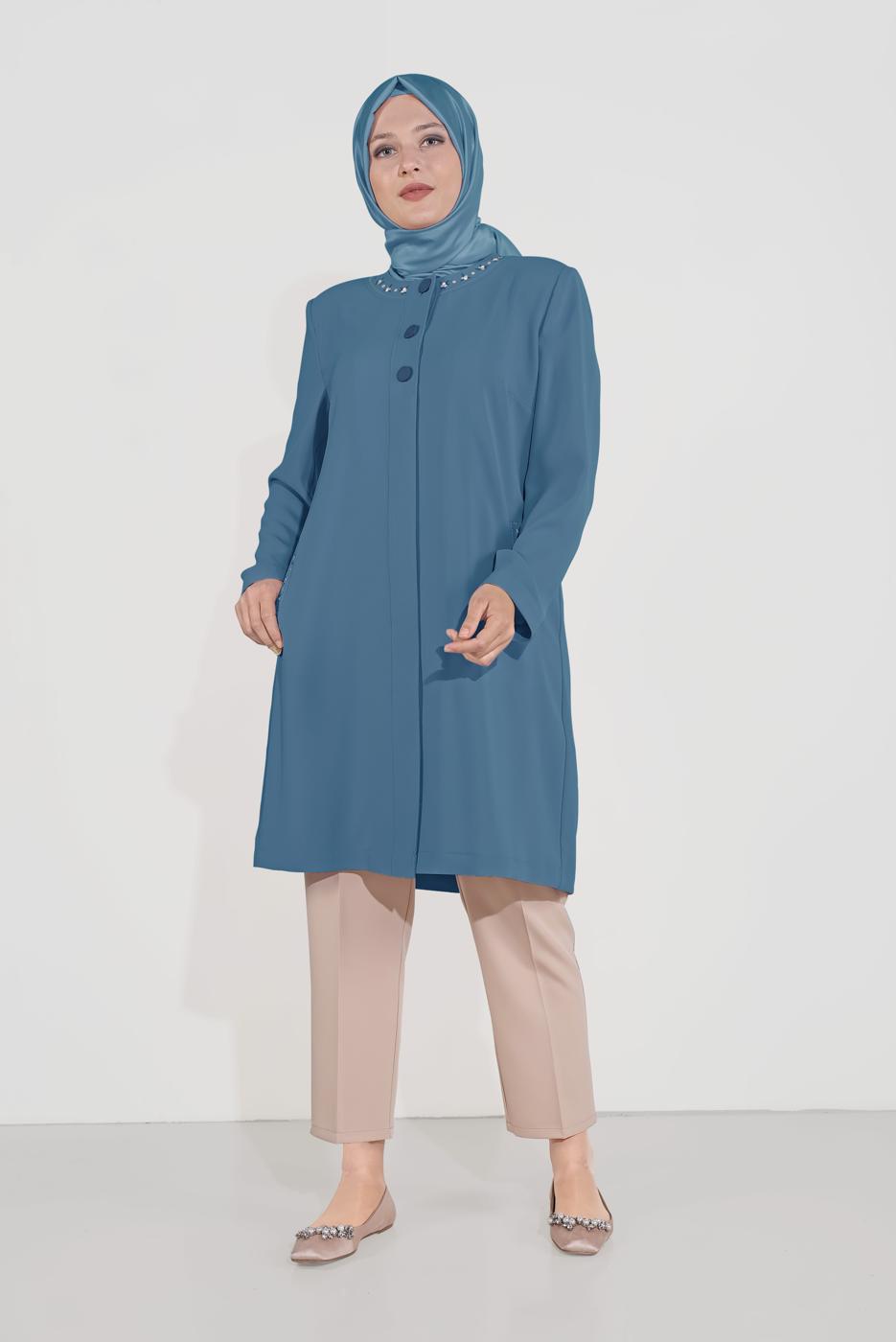 Vêtements hijab BLEU MARINE ALVİNA TRENCH-COAT BOUTONNÉ AVEC DÉTAIL DE BRODERIE T 10234