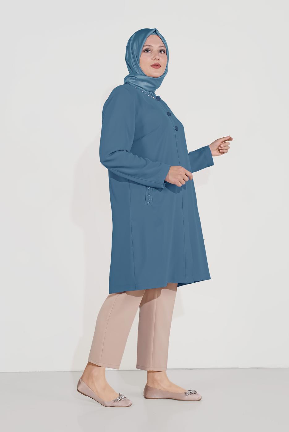 Hijab clothing NAVY BLUE ALVİNA EMBROIDERY DETAIL BUTTONED TRENCH COAT T 10234