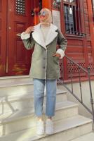 Hijab clothing KHAKI FAUX FUR DETAIL BUTTONED COAT 4011
