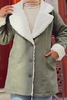Hijab clothing KHAKI FAUX FUR DETAIL BUTTONED COAT 4011