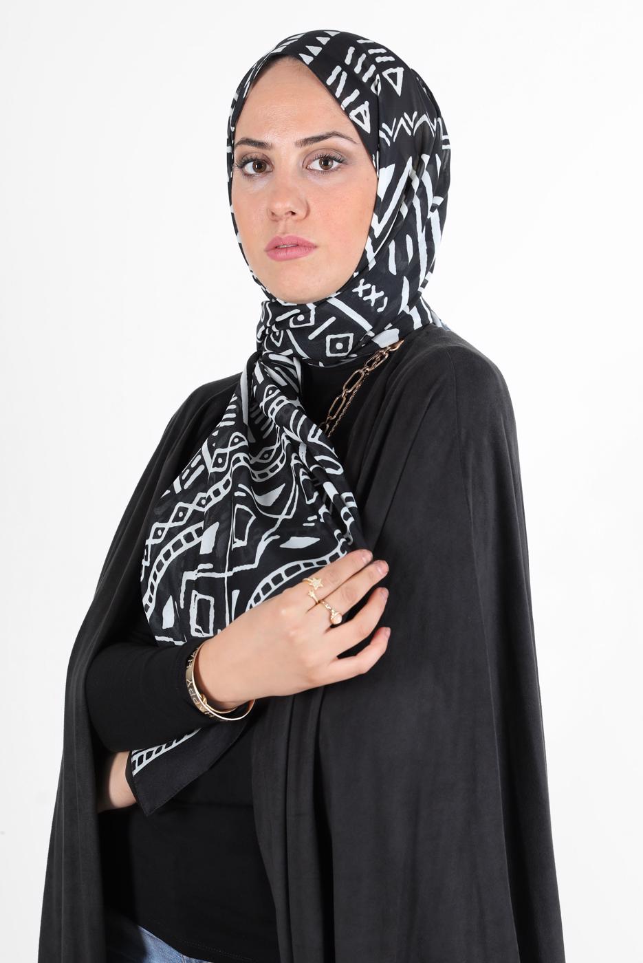 Tesettür giyim SİYAH ALVİNA ŞİFON BASKILI ŞAL 8128 