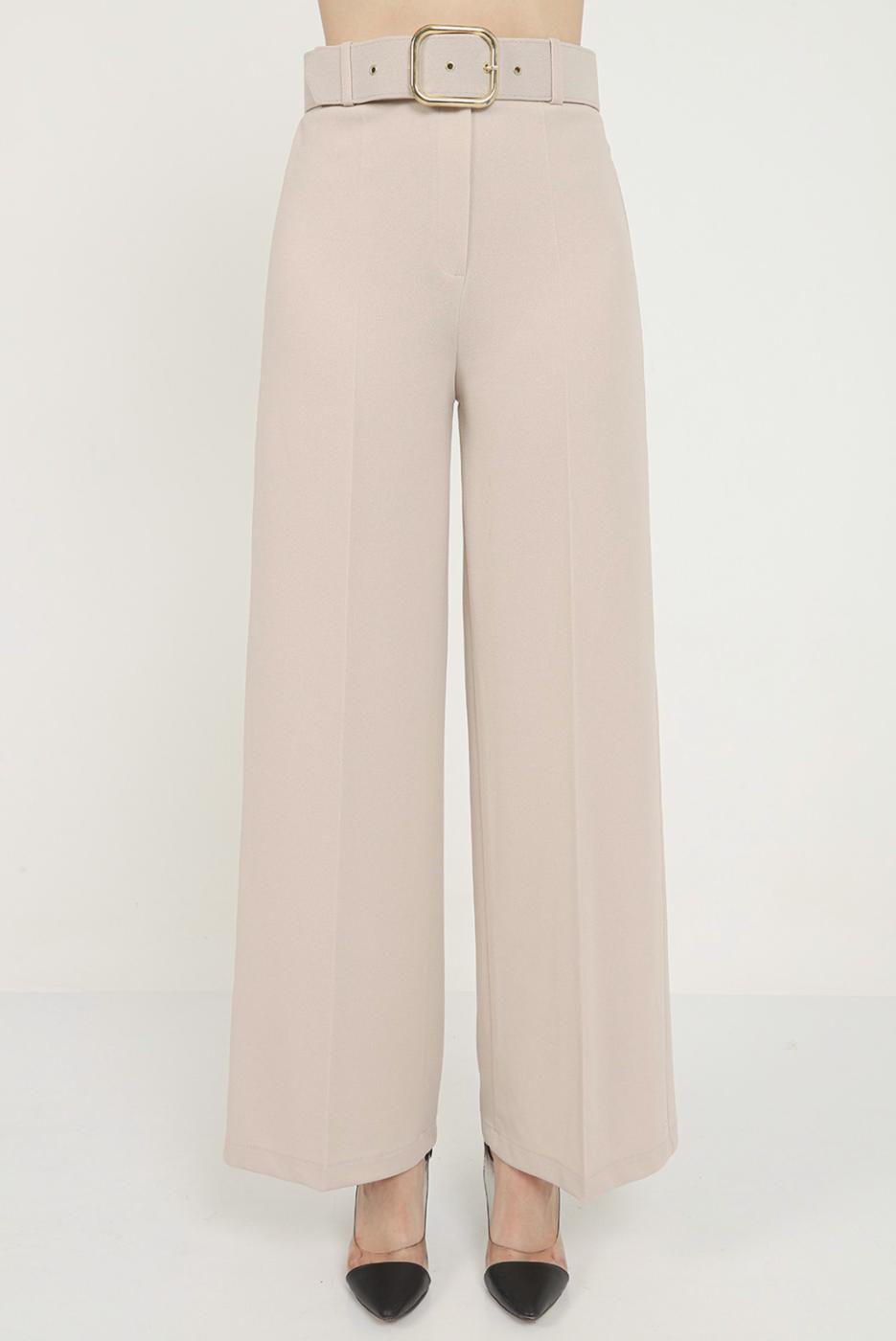 Tesettür giyim BEJ KEMERLİ GENİŞ PAÇA PANTOLON 7988