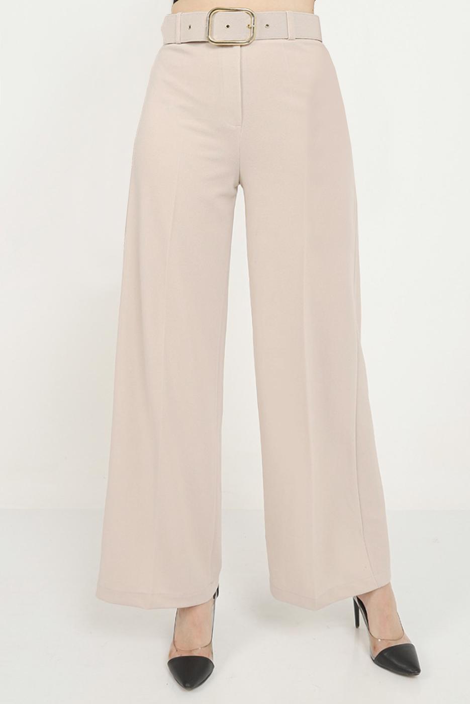 Tesettür giyim BEJ KEMERLİ GENİŞ PAÇA PANTOLON 7988